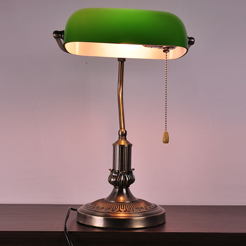 Vintage Green Glass Night Lamp With Antiqued Brass Finish And Pull Chain