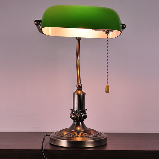 Vintage Green Glass Night Lamp With Antiqued Brass Finish And Pull Chain