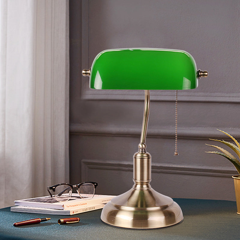 Retro Green Glass Nightstand Lamp With Swivel Shade And Pull Chain In Polished Brass - Single