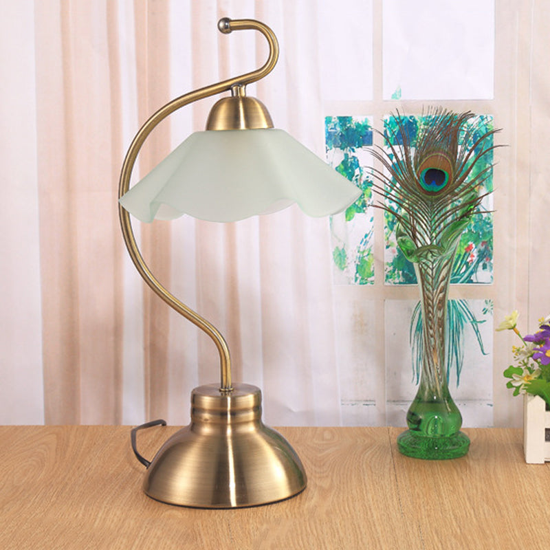 Vintage Brass Curvaceous Night Light Table Lamp With Ruffle Milk Glass Lampshade