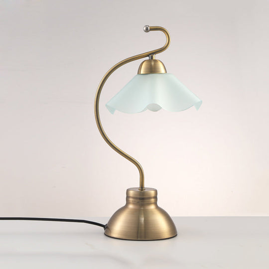 Vintage Brass Curvaceous Night Light Table Lamp With Ruffle Milk Glass Lampshade