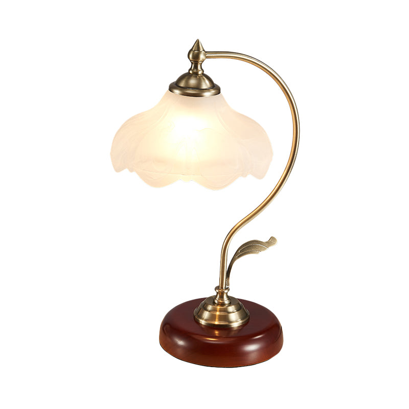 Frosted White Glass Floral Night Lamp - Traditional Table Light For Living Room With Bowed Arm