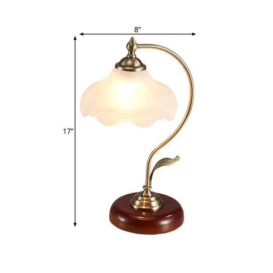 Frosted White Glass Floral Night Lamp - Traditional Table Light For Living Room With Bowed Arm