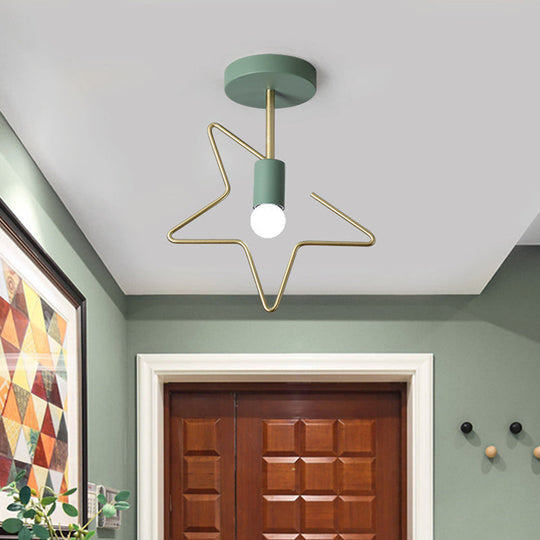 Semi Flush Macaron Iron Ceiling Light with Star/Loving Heart Frame - 1-Light Grey/White/Green Finish for Hallway