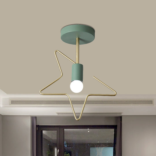 Semi Flush Macaron Iron Ceiling Light with Star/Loving Heart Frame - 1-Light Grey/White/Green Finish for Hallway