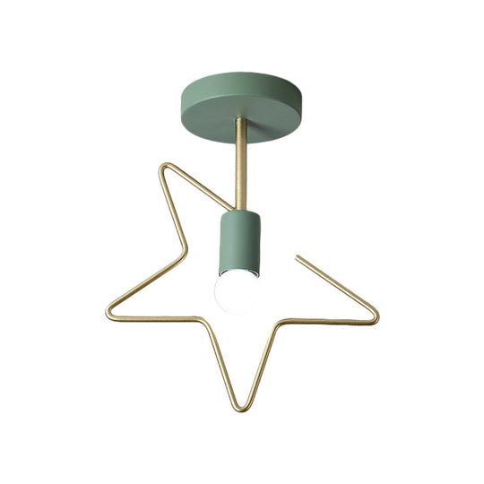 Semi Flush Macaron Iron Ceiling Light with Star/Loving Heart Frame - 1-Light Grey/White/Green Finish for Hallway