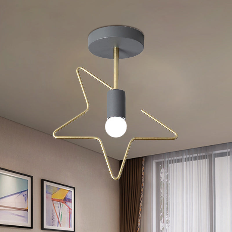 Semi Flush Macaron Iron Ceiling Light with Star/Loving Heart Frame - 1-Light Grey/White/Green Finish for Hallway