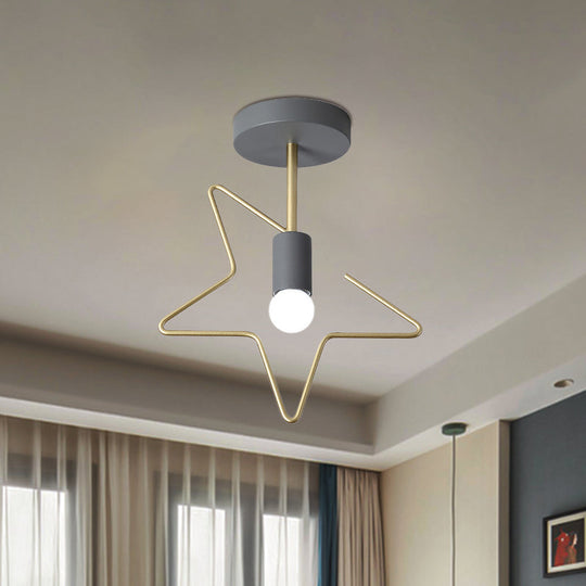 Semi Flush Macaron Iron Ceiling Light with Star/Loving Heart Frame - 1-Light Grey/White/Green Finish for Hallway