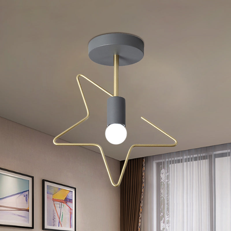 Semi Flush Macaron Iron Ceiling Light With Star/Loving Heart Frame - 1-Light Grey/White/Green Finish