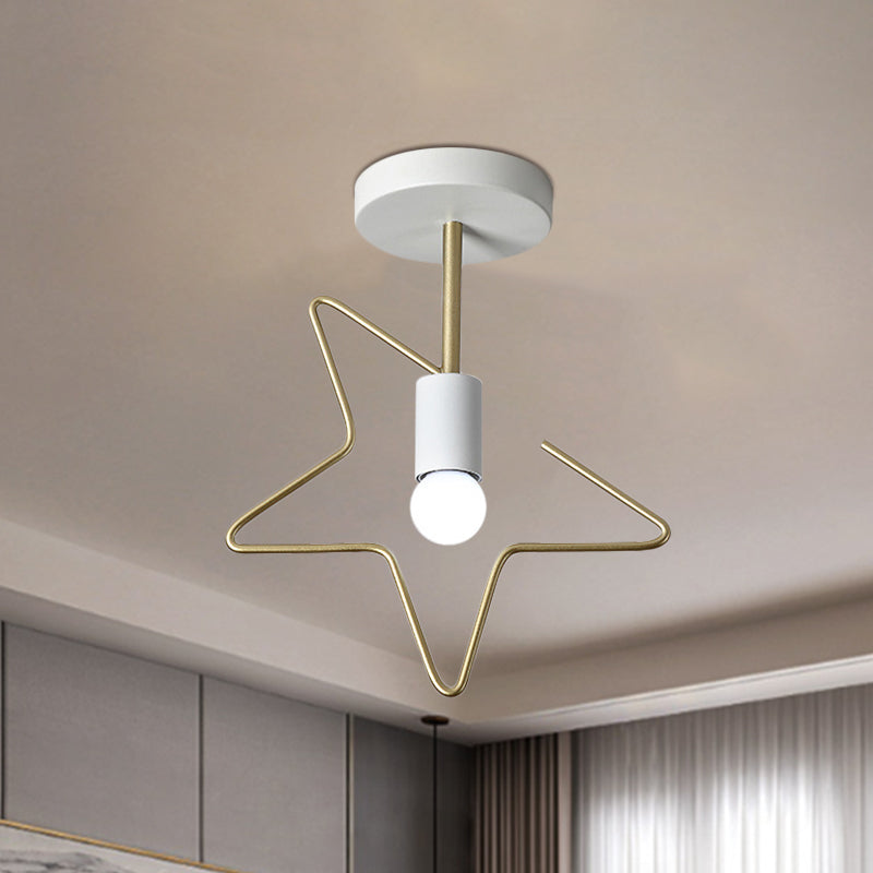 Semi Flush Macaron Iron Ceiling Light With Star/Loving Heart Frame - 1-Light Grey/White/Green Finish