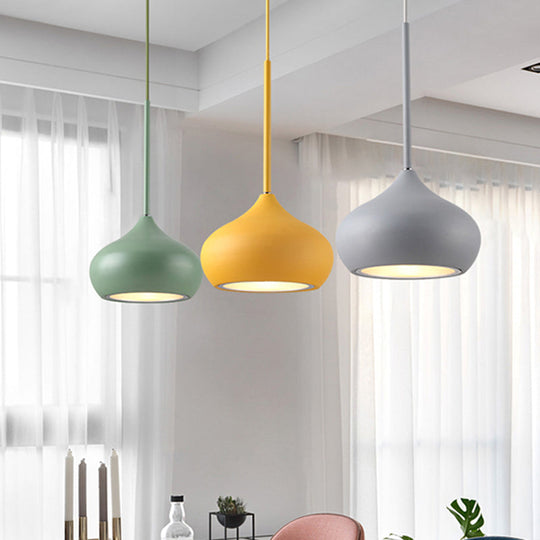 Macaron Grey-Yellow-Green Drop Pendant Lamp With 3 Heads And Onion Metal Shade For Dining Room