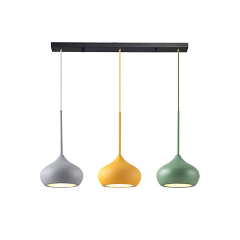 Macaron Grey-Yellow-Green Drop Pendant Lamp With 3 Heads And Onion Metal Shade For Dining Room