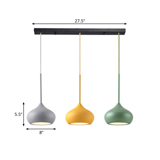 Macaron Grey-Yellow-Green Drop Pendant Lamp With 3 Heads And Onion Metal Shade For Dining Room