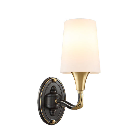 Traditional Brass Wall Sconce With Frosted Glass Shade - Elegant Tapered Design For Corridor