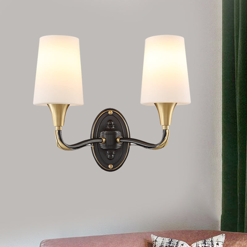 Traditional Brass Wall Sconce With Frosted Glass Shade - Elegant Tapered Design For Corridor