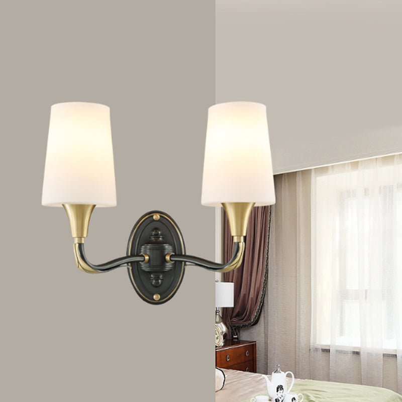 Traditional Brass Wall Sconce With Frosted Glass Shade - Elegant Tapered Design For Corridor