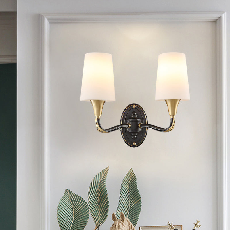 Traditional Brass Wall Sconce With Frosted Glass Shade - Elegant Tapered Design For Corridor