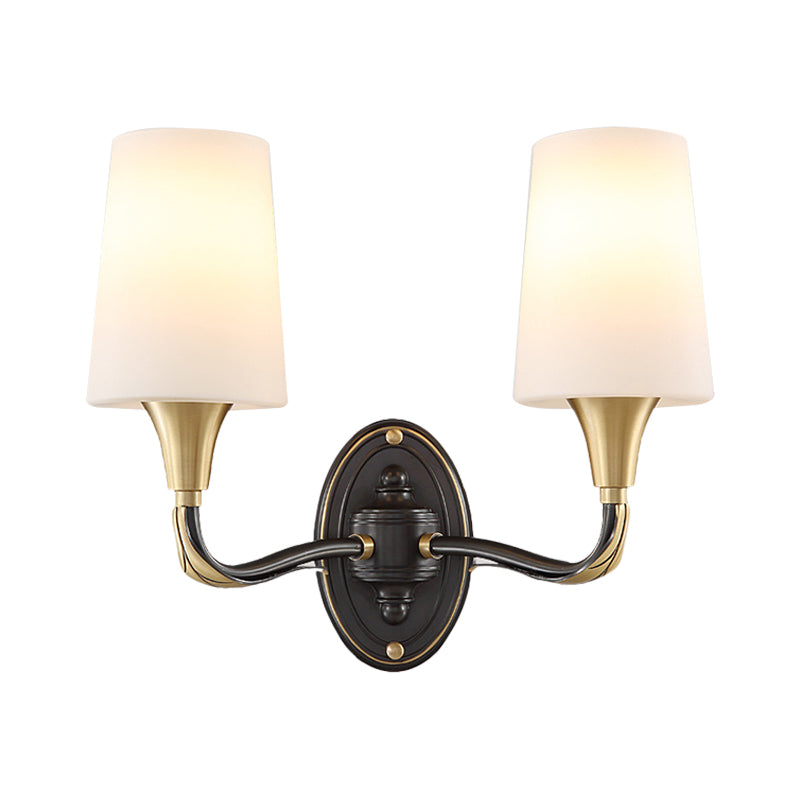 Traditional Brass Wall Sconce With Frosted Glass Shade - Elegant Tapered Design For Corridor