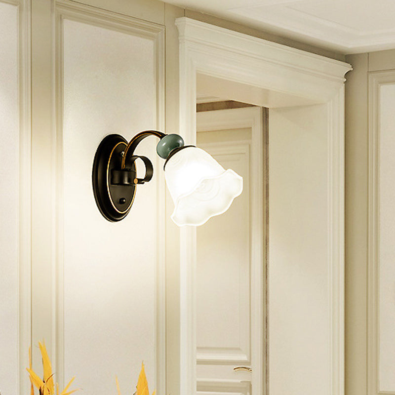 Vintage-Inspired Black Wall Mounted Light With Frosted Flower Glass - Retro Style Lighting Solution