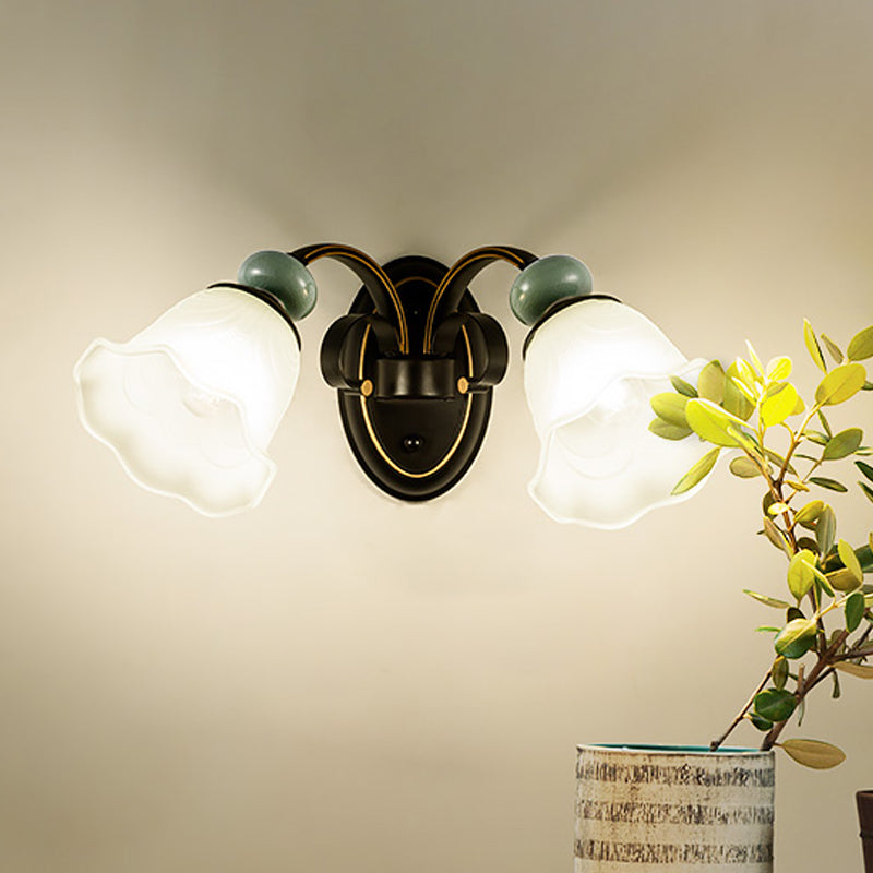 Vintage-Inspired Black Wall Mounted Light With Frosted Flower Glass - Retro Style Lighting Solution