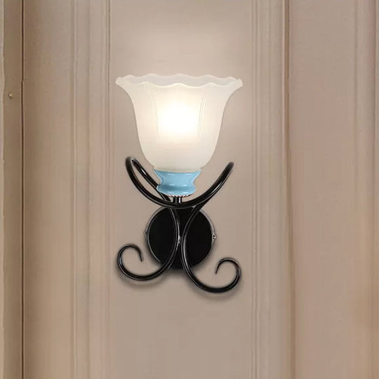 1-Light Frosted Glass Wall Sconce With Twisted Arm - Country Black/Gold Flared Corridor Lighting