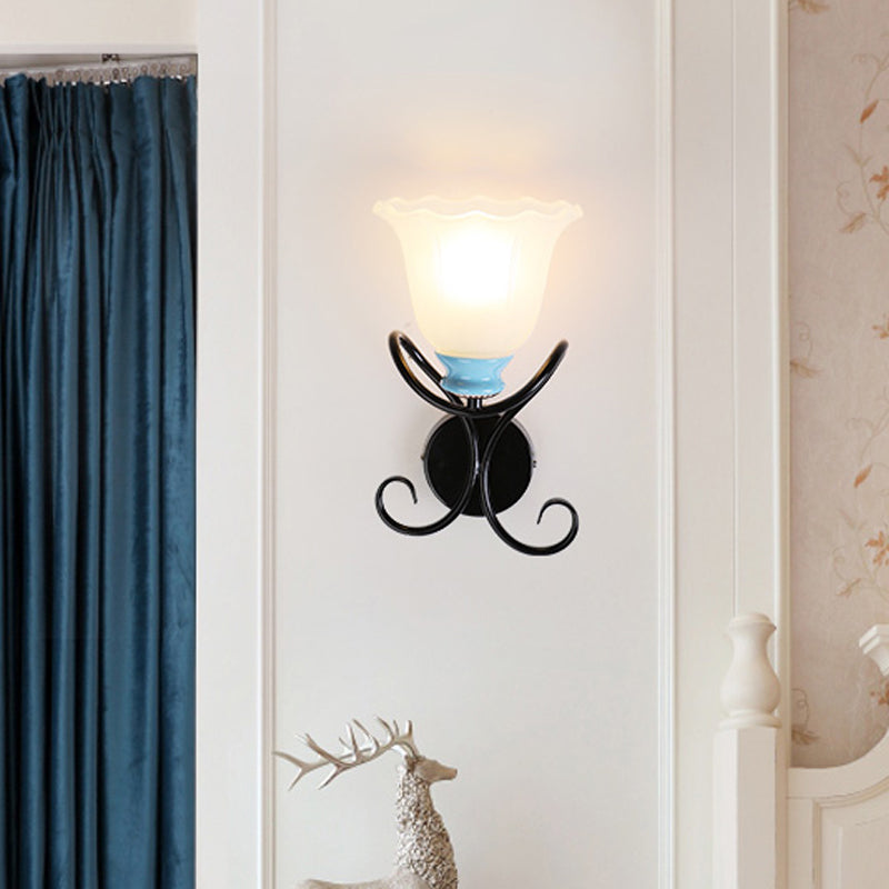 1-Light Frosted Glass Wall Sconce With Twisted Arm - Country Black/Gold Flared Corridor Lighting