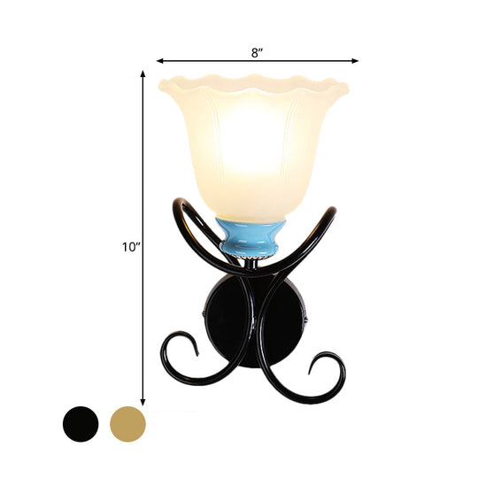 1-Light Frosted Glass Wall Sconce With Twisted Arm - Country Black/Gold Flared Corridor Lighting