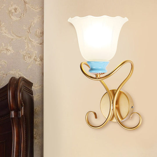 1-Light Frosted Glass Wall Sconce With Twisted Arm - Country Black/Gold Flared Corridor Lighting