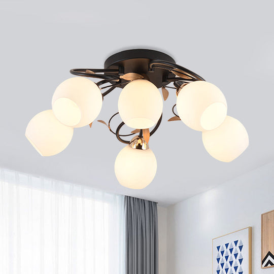 Traditional Globe White Glass Semi Flush Light with 4/6/9 Mounted Lights for Living Room Ceiling – Black Fixture