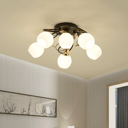 Traditional Globe White Glass Semi Flush Light with 4/6/9 Mounted Lights for Living Room Ceiling – Black Fixture