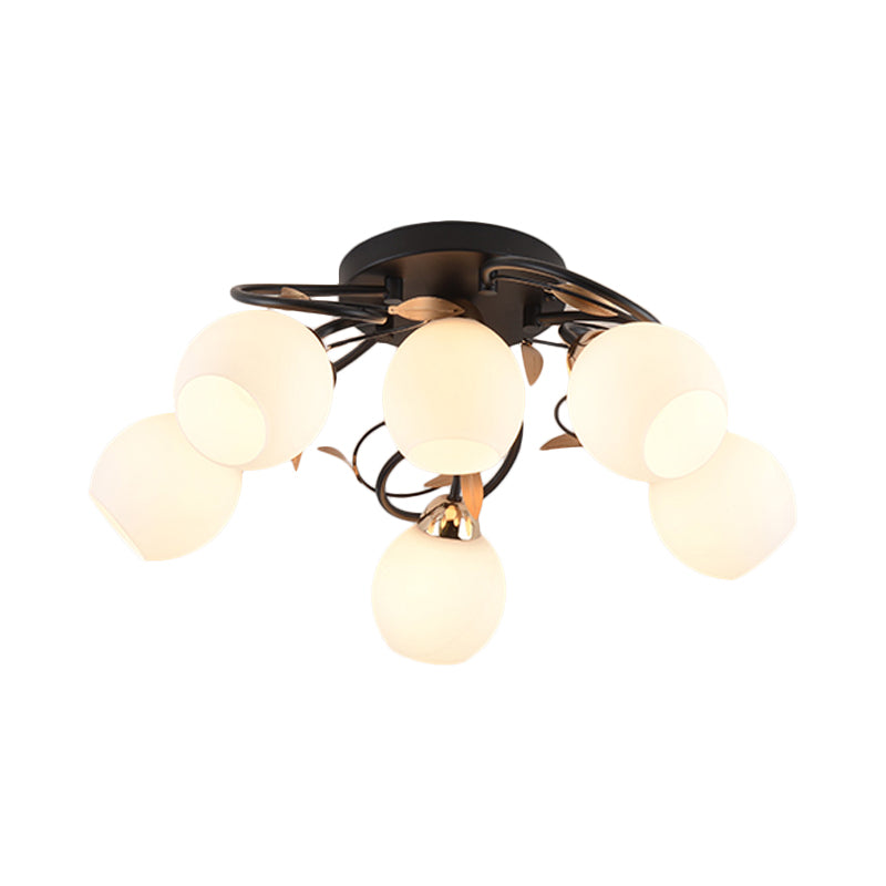 Traditional Globe White Glass Semi Flush Light with 4/6/9 Mounted Lights for Living Room Ceiling – Black Fixture