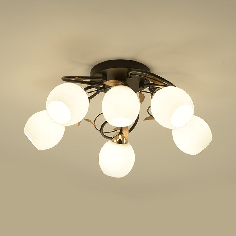 Traditional Globe White Glass Semi Flush Light with 4/6/9 Mounted Lights for Living Room Ceiling – Black Fixture