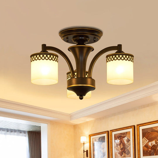 Classic Black Semi Mount Cylinder Ceiling Light Fixture with Twisted Arm - 3/6 Bulbs, Tan Glass