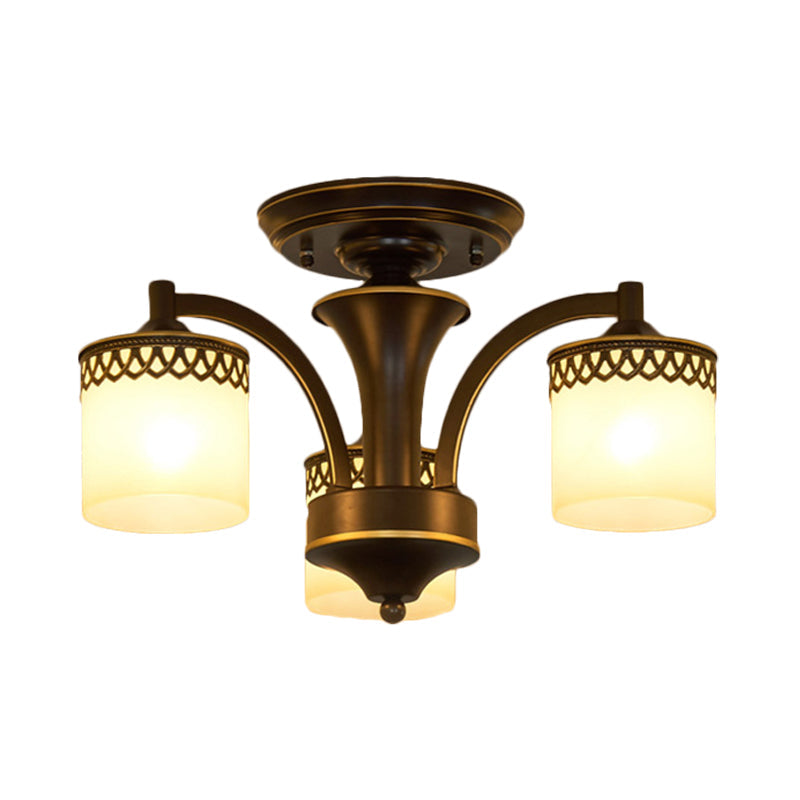 Classic Black Semi Mount Cylinder Ceiling Light Fixture with Twisted Arm - 3/6 Bulbs, Tan Glass