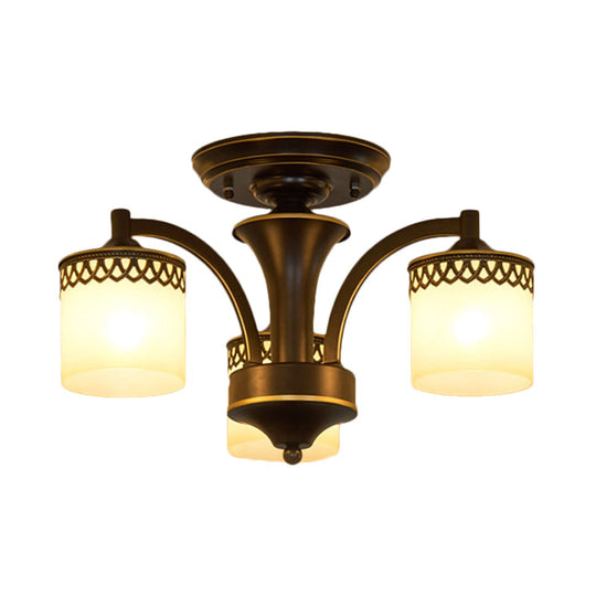 Classic Black Semi Mount Cylinder Ceiling Light Fixture with Twisted Arm - 3/6 Bulbs, Tan Glass