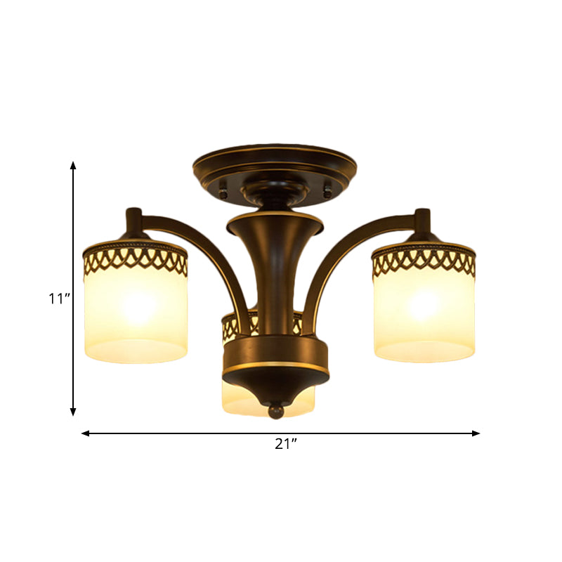 Classic Black Semi Mount Cylinder Ceiling Light Fixture with Twisted Arm - 3/6 Bulbs, Tan Glass