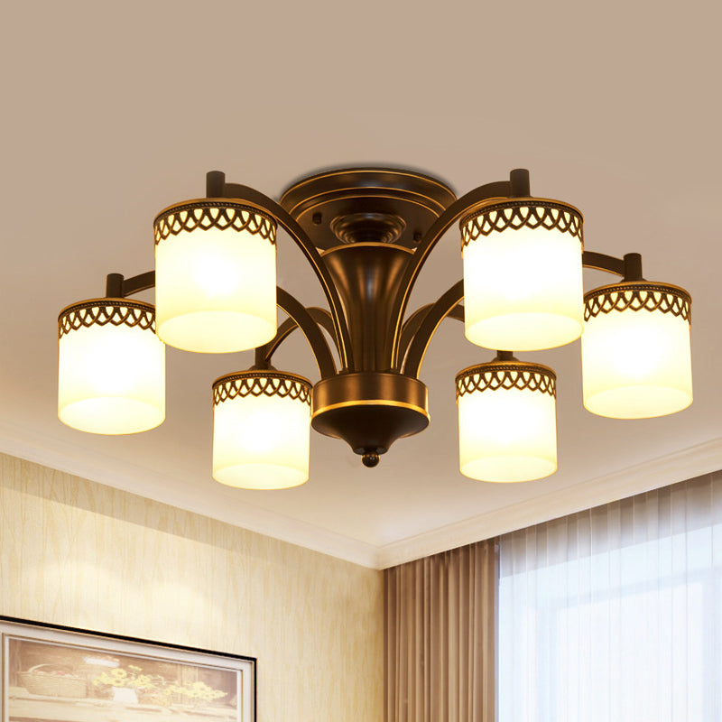 Classic Black Semi Mount Cylinder Ceiling Light Fixture With Twisted Arm - 3/6 Bulbs Tan Glass 6 /