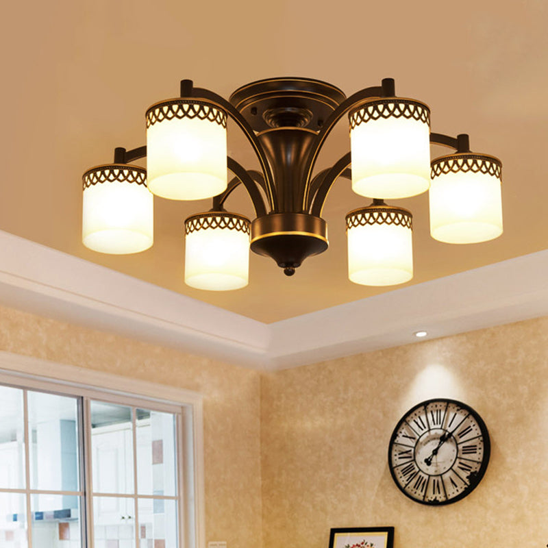 Classic Black Semi Mount Cylinder Ceiling Light Fixture with Twisted Arm - 3/6 Bulbs, Tan Glass