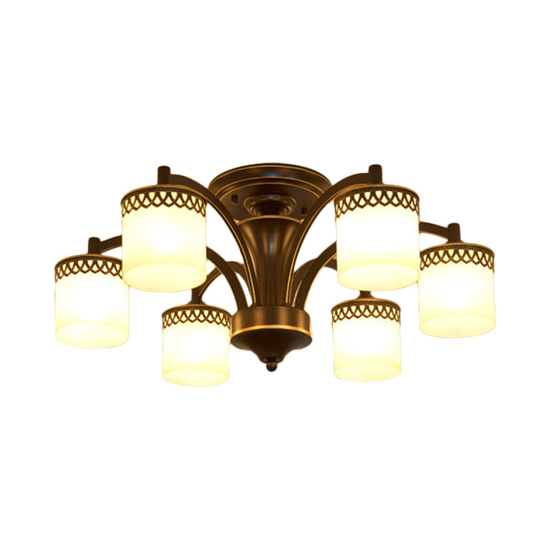 Classic Black Semi Mount Cylinder Ceiling Light Fixture with Twisted Arm - 3/6 Bulbs, Tan Glass