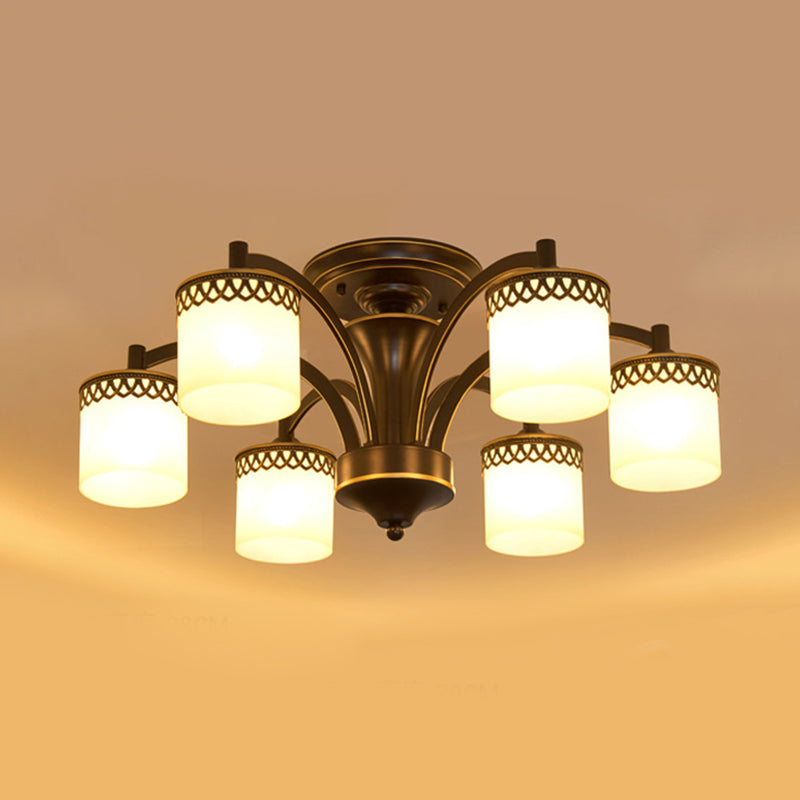 Classic Black Semi Mount Cylinder Ceiling Light Fixture with Twisted Arm - 3/6 Bulbs, Tan Glass