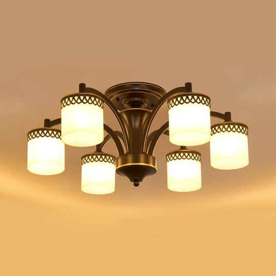 Classic Black Semi Mount Cylinder Ceiling Light Fixture with Twisted Arm - 3/6 Bulbs, Tan Glass