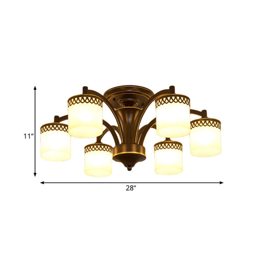 Classic Black Semi Mount Cylinder Ceiling Light Fixture with Twisted Arm - 3/6 Bulbs, Tan Glass