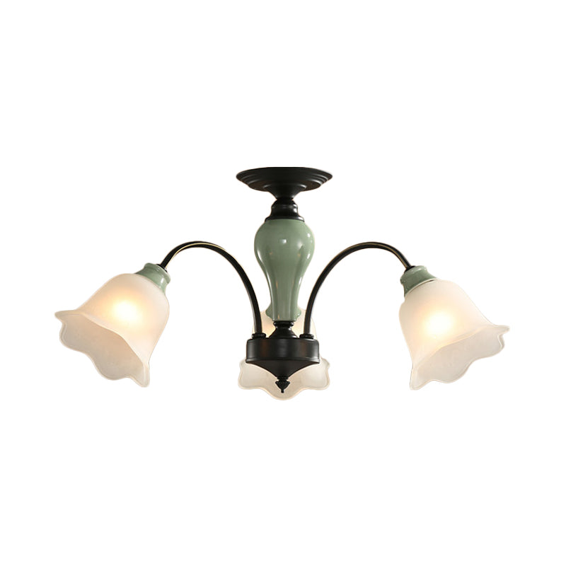 Black Flower Semi Flush Frosted Glass Ceiling Mount with Curved Arm - Countryside Style, 3/6/8 Heads - Living Room