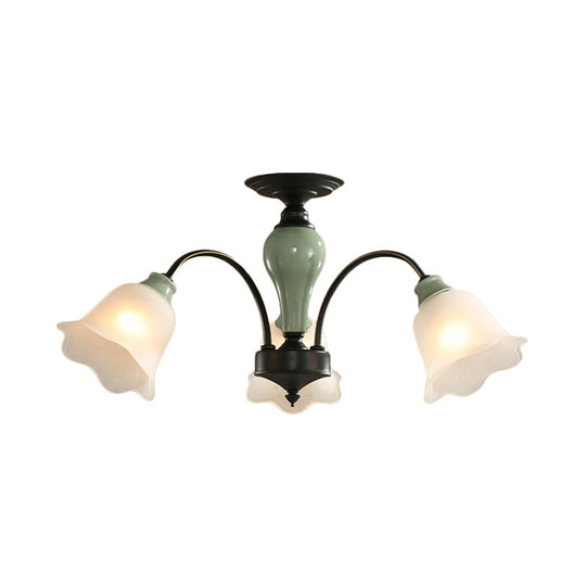 Black Flower Semi Flush Frosted Glass Ceiling Mount with Curved Arm - Countryside Style, 3/6/8 Heads - Living Room