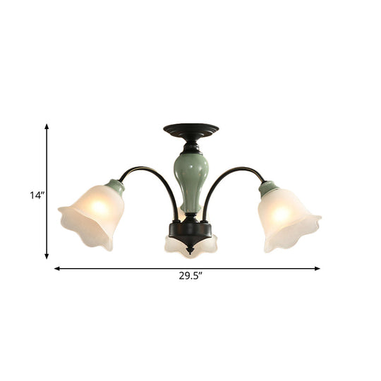 Black Flower Semi Flush Frosted Glass Ceiling Mount with Curved Arm - Countryside Style, 3/6/8 Heads - Living Room