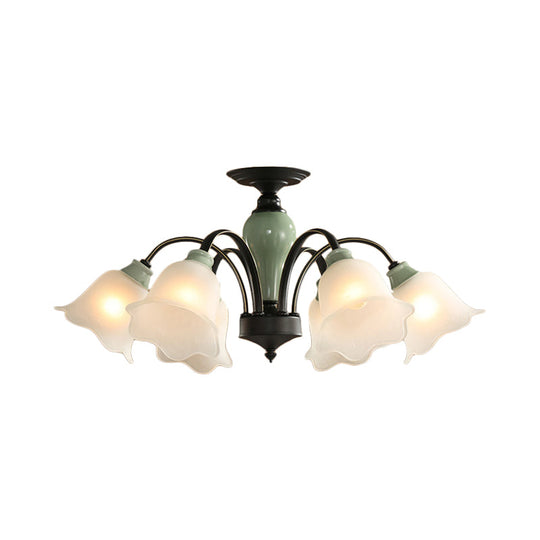 Black Flower Semi Flush Frosted Glass Ceiling Mount with Curved Arm - Countryside Style, 3/6/8 Heads - Living Room