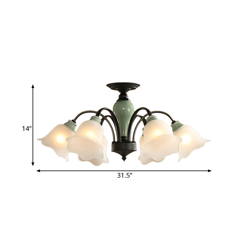 Black Flower Semi Flush Frosted Glass Ceiling Mount with Curved Arm - Countryside Style, 3/6/8 Heads - Living Room