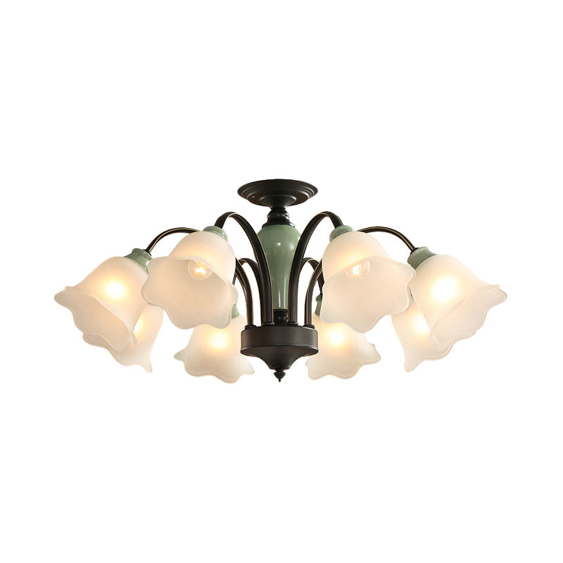 Black Flower Semi Flush Frosted Glass Ceiling Mount With Curved Arm - Countryside Style 3/6/8 Heads