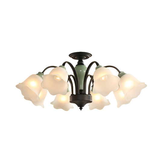 Black Flower Semi Flush Frosted Glass Ceiling Mount With Curved Arm - Countryside Style 3/6/8 Heads