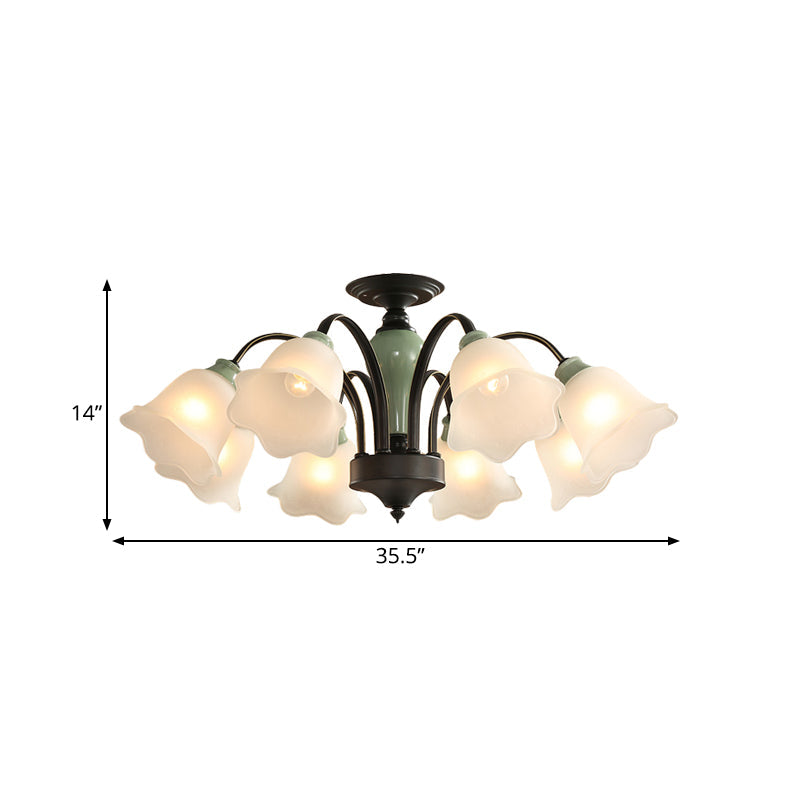 Black Flower Semi Flush Frosted Glass Ceiling Mount with Curved Arm - Countryside Style, 3/6/8 Heads - Living Room